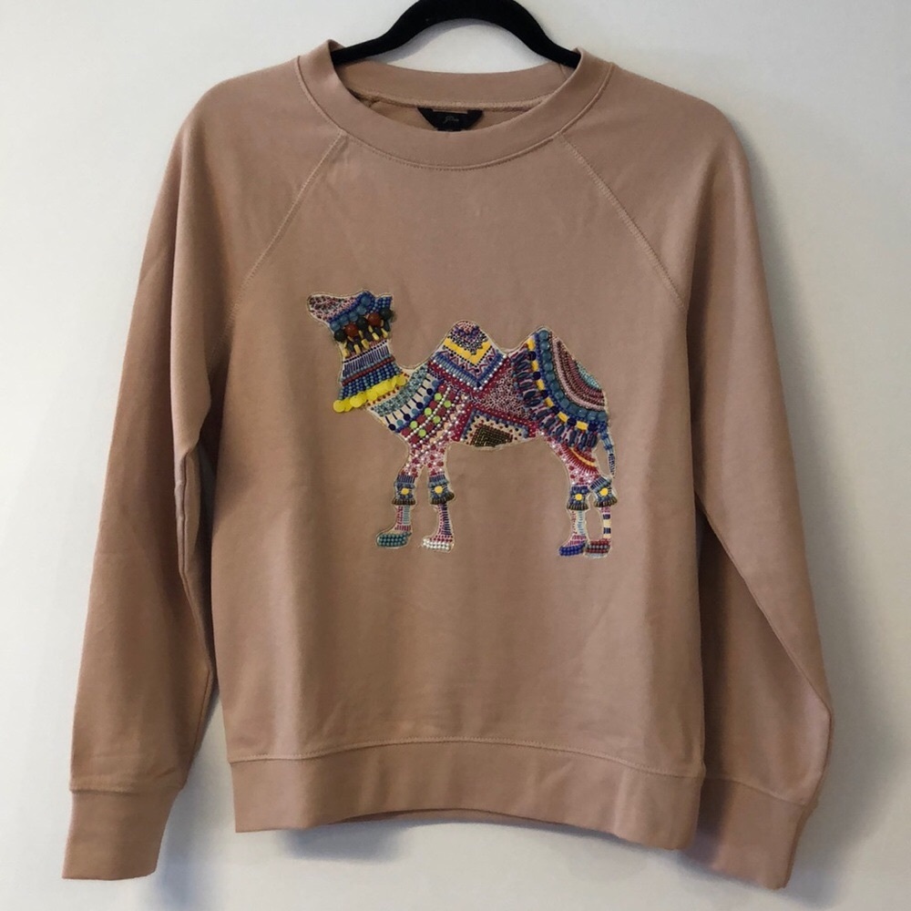 539-J.‎ Crew Camel Embroidered Sweatshirt in Tan - Picture 2 of 13